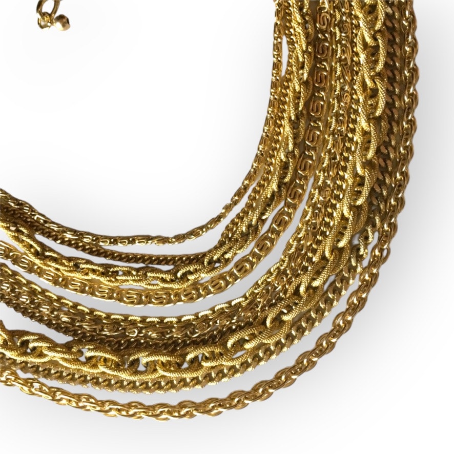 Vintage Runway 10-Chain Textured Gold Tone High End Necklace